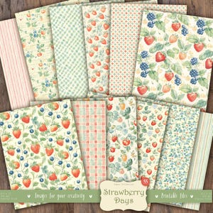 Erdbeer-Tage 55 Bilder: Erdbeere DIGITAL Paper Pack - Vintage Beerensommer Scrapbook-Papier, Obst-Musterseiten, druckbare Hintergründe
