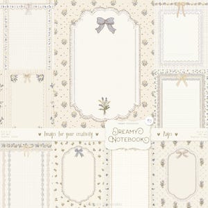 Może przedstawiać: Kolekcja cyfrowych wzorów papieru w stylu vintage. Projekty zawierają kwiatowe wzory, koronkowe obramowania i dekoracyjne kokardy w miękkich pastelowych kolorach. Widoczny jest tekst "Dreamy Notebook". Idealny do scrapbookingu i projektów rzemieślniczych.