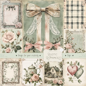 Rustic Romance 100 immagini: pagine di diario shabby chic DIGITALI, effimeri vittoriani vintage, carta per album stampabile, rosa pastello blu verde