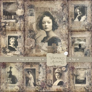Op de afbeelding: Een digitale collage van een vintage album, met sepia-getinte portretten en bloemmotieven. De centrale afbeelding is een portret van een vrouw, omringd door kleinere ingelijste afbeeldingen. De tekst "Vintage Album" is zichtbaar. Het ontwerp heeft een verweerde, antieke uitstraling.