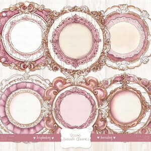 May include: A collection of six round, shabby chic frames in shades of pink, cream, and gold. The frames feature ornate detailing, including scrollwork and lace-like accents. The image includes the text "Round Shabby Frames" and is suitable for scrapbooking and journaling.