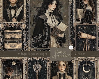 May include: A collage of nine images with a dark academia theme. The images feature a young man in a suit, a young woman in a black dress, a telescope, a key, a suitcase, a crescent moon, a castle, and a book. The images are framed in ornate gold frames.