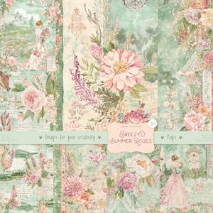 Luftige Sommer-Rosen-Hintergründe 80 Bilder: Vintage-Türkisseiten, gealtertes Blumenpapier, shabby-Textur, druckbare Ephemera DIGITALER Download