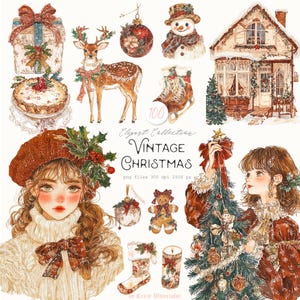 Vintage Weihnachten 100 Clipart: Aquarell Anime Stil PNG Bundle, Winter Ferien, Mädchen, Geschenke, moderne DIGITAL Download, kommerzielle Nutzung