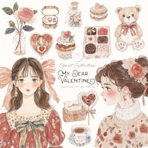 Clipart My dear Valentine 75: digitale romantische aquarelset, Valentijnsdag, liefdesafbeeldingen, scrapbooking, kortstondige scrapbooking, snoep, roze, meisjes