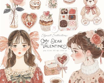 Valentine Watercolor Clipart Set: 75 Romantic Graphics (Digital Download)