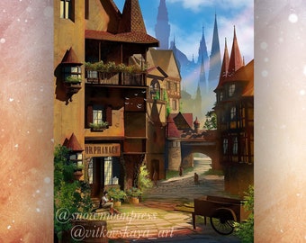 Puede incluir: Una representación artística de una escena de calle de un pueblo europeo. Los edificios con tejados de tejas rojas y ventanas arqueadas bordean la calle adoquinada. La palabra "ORPHANAGE" es visible en un letrero. El cielo es azul con algunas nubes.