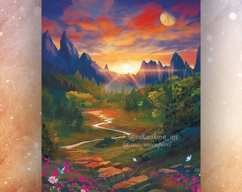 Puede incluir: Una pintura digital de un paisaje de fantasía con un río sinuoso que fluye a través de un valle rodeado de montañas. El cielo es de un naranja y rosa vibrantes con dos lunas en la distancia. La escena está llena de vegetación exuberante y flores silvestres.
