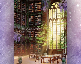 Puede incluir: Una gran biblioteca soleada con estanterías altas llenas de libros. La habitación está decorada con enredaderas y flores, y hay varias mesas y sillas para leer. El texto "@vikovskaia_art @snowmoonpress" es visible en la imagen.