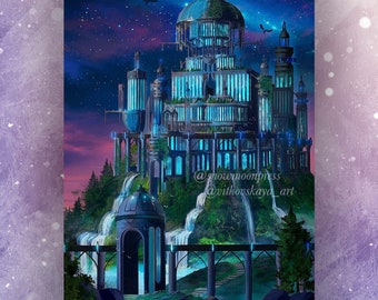 Puede incluir: Una ilustración de fantasía de un gran castillo adornado con un esquema de color azul y verde. El castillo está encaramado en un acantilado con cascadas que caen por los lados. El cielo es de un azul profundo con estrellas y algunos dragones volando. El texto "Snow Moon Press LLC" está en la parte inferior de la imagen.