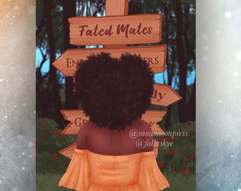 Puede incluir: Ilustración de una persona con afro en forma de corazón frente a un poste de señales de madera. Los letreros dicen "Fated Mates", "Enemies to Lovers" y "Grief & Grace". La persona lleva un vestido naranja.