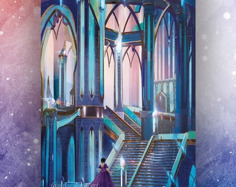 Puede incluir: Ilustración digital de un interior de palacio con una mujer con un vestido morado. La obra de arte presenta una escalera, arcos y columnas en tonos de azul, turquesa y dorado. El texto "@vikovskaya_art" y "snowmoonpress" es visible.