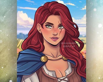 Puede incluir: Una ilustración digital de una mujer con el pelo largo y ondulado de color rojo. Lleva una capa azul y dorada sobre una camisa blanca y un chaleco marrón. El fondo es un cielo azul con nubes blancas.
