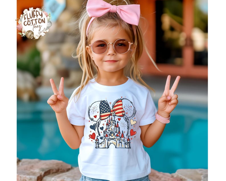 May include: A young child wearing a white t-shirt with a colorful graphic of a castle, hearts, and American flag-themed mouse ears. The child is wearing sunglasses and a pink bow. The child is giving the peace sign.