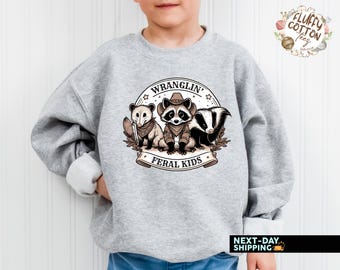 Retro Wranglin&#39; Feral Kids Raccoon Shirt, Vintage Raccoon Tee, Kid Vibes Shirt, Retro Kid Vibes Shirt, 90’s Kid Vibes, Western Kid Shirt