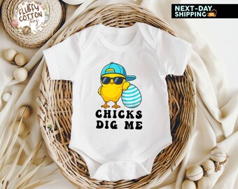 Chicks Dig Me Baby Bodysuits, Boys Easter Kids Shirt, Little Boy Easter Shirt, Cool Easter Shirt, Easter Chick Toddler Shirt,Egg Hunt Shirt