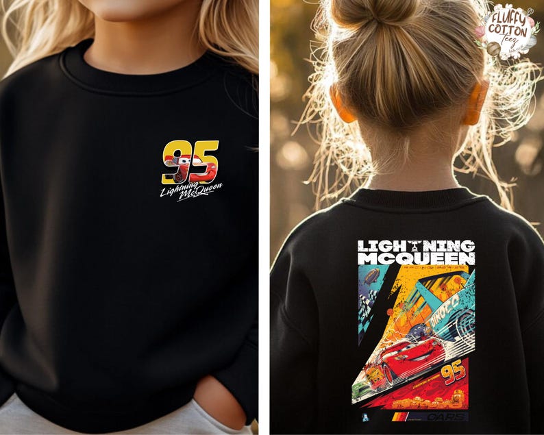May include: Black sweatshirt with Lightning McQueen and the number 95. The front has a small graphic with "Lightning McQueen" and the number 95. The back features a larger graphic with "LIGHTNING McQUEEN" and a Cars-themed design.