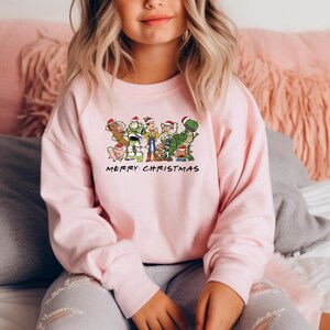 May include: Pink sweatshirt with a graphic of the Toy Story characters wearing Santa hats and the text "Merry Christmas".