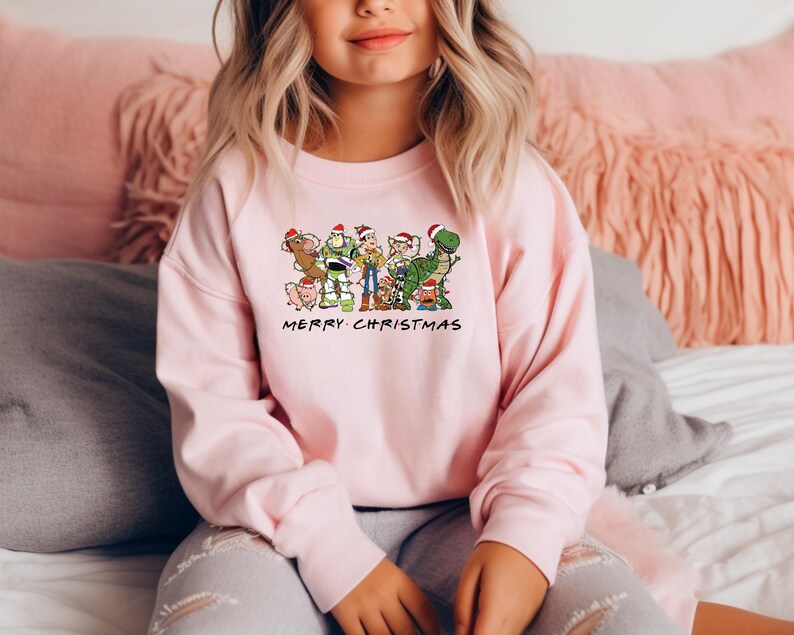 May include: Pink sweatshirt with a graphic of the Toy Story characters wearing Santa hats and the text "Merry Christmas".