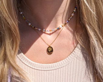 Bunte Perlenkette mit runden Süßwasserperlen | bunte Kette | Geschenk zur Geburt, Muttertag, Geburtstag | wasserfest