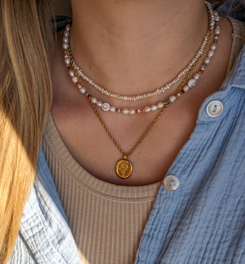 Smiley necklace with freshwater pearls Surfer chain Gift for her gold plated Gift for girlfriend water resistant image 8