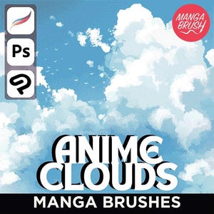 May include: A digital art graphic with a blue sky and white clouds. The text "ANIME CLOUDS" is in a bold, black and white font. The words "MANGA BRUSHES" are below. Icons for digital art programs are in the upper left. A red circle says "MANGA BRUSH".