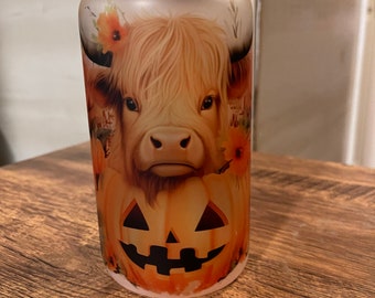 Fall cow 16oz sublimated glass can