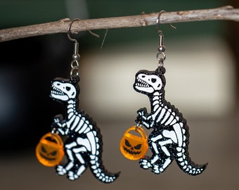 Cute Trick Or Treat T Rex Acrylic Earrings, Halloween Earrings, T Rex Skeleton Earrings, Glittery Earrings, Dinosaur Earring, Jack O Lantern