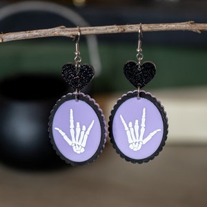 Skeleton Hands I Love You Acrylic Earrings, Spooky Fall Earrings, I Love You Hands, Skeleton Earrings, Skeleton Hand Earrings, Pastel Goth