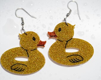 Pendientes acrílicos flotantes de piscina de pato de goma, pendientes de verano, pendientes flotantes de piscina, pendientes funky, pendientes lindos, pendientes extravagantes, flotador de piscina