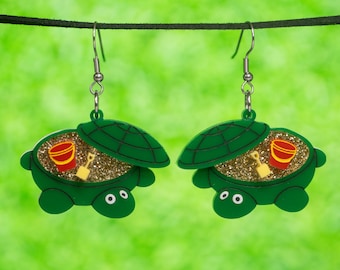 Turtle Sandbox Acrylic Earrings, Retro Earrings, Sandbox Earrings, Summer Earrings, Nostalgic Earrings, Turtle Earrings, Quirky Earrings