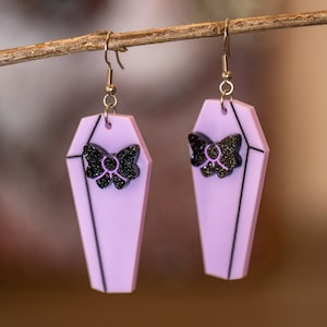 Cute Coffin Acrylic Earrings, Bow Coffin Earrings, Pastel Goth Earrings, Halloween Earrings, Pastel Goth Halloween, Pastel Halloween Earring