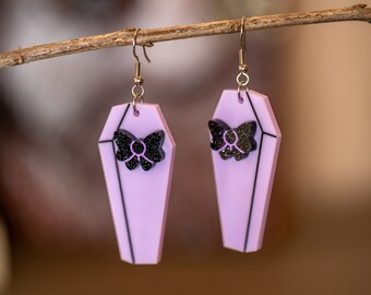 Cute Coffin Acrylic Earrings, Bow Coffin Earrings, Pastel Goth Earrings, Halloween Earrings, Pastel Goth Halloween, Pastel Halloween Earring