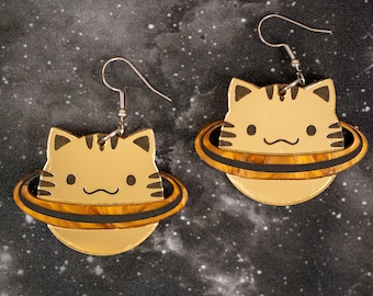 Spegelkatt Saturnusörhängen, Kattplanet Akrylörhängen, Kattrymdörhängen, Kosmiska Kattörhängen, Akrylrymdörhängen, Rymdkatt