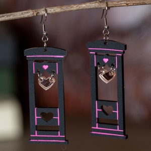 Guillotine Earrings, Cute Heart Guillotine Earrings, Black Hot Pink Earrings, Creepy Cute Earrings, Pastel Goth Earrings, Heart Guillotine