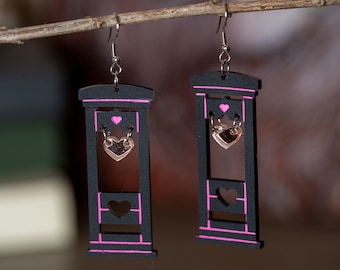 Guillotine Earrings, Cute Heart Guillotine Earrings, Black Hot Pink Earrings, Creepy Cute Earrings, Pastel Goth Earrings, Heart Guillotine