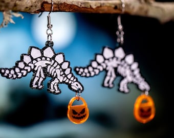 Halloween Acryl Ohrringe, Süßes oder Saures Dinosaurier Ohrringe, Dinosaurier-Skelett Ohrringe, Stegosaurus Ohrringe, Gruselige Ohrringe, gruselig süß