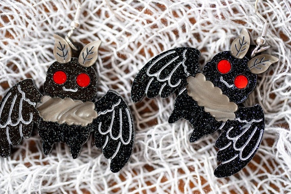 Mothman Acrylic Earrings, Cute Mothman Earrings, Kawaii Earrings, Crypid Earrings, Monster Earrings, Halloween Earrings, Spooky Earrings,