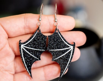 Bat Wing Acrylic Earrings, Halloween Earrings, Scary Earrings, Bat Dangle Earrings, Glittery Acrylic Earrings, Spooky Cute, Goth Earrings