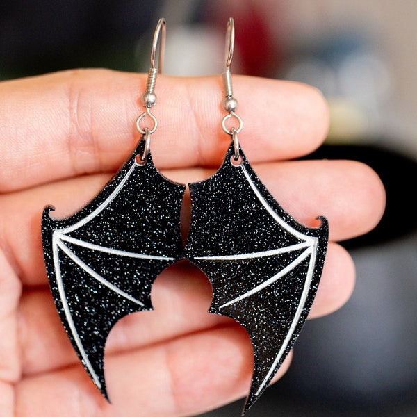 Spooky Glittery Bat Wing Acrylic Earrings, Halloween Earrings, Scary Earrings, Bat Dangle Earrings, Glittery Shimmery Earrings, Spooky Cute