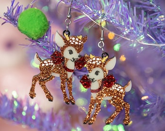 Vintage Style Deer Acrylic Earrings, Retro Christmas Earrings, Christmas Acrylic Earrings, Vintage Christmas Earrings, Reindeer Earrings