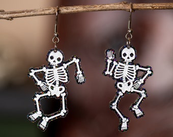Dancing Skeleton Acrylic Earrings, Fun Halloween Earrings, Halloween Dangle Earrings, Spooky Earrings, Scary Earrings, Glittery Earrings