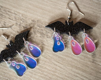 Spooky Glittery Boo Bat Acrylic Earrings, Halloween Earrings, Scary Earrings, Bat Dangle Earrings, Glittery Shimmery Earrings, Spooky Cute