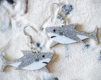 Shark Earrings, Acrylic Earrings, Summer Earrings, Great White Shark, Weird Earrings, Animal Earrings, Quirky Earrings, Glittery Earrings