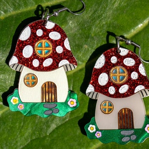 Cute Glittery Mushroom House Dangle Acrylic Earrings