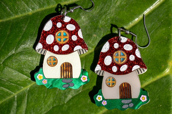 Cute Mushroom House Acrylic Earrings, Fairy Fantasy Earrings, Whimsical Earrings, Cottagecore Earrings, Enchanting Toadstool House Earrings