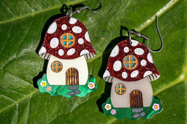 Cute Glittery Mushroom House Dangle Acrylic Earrings
