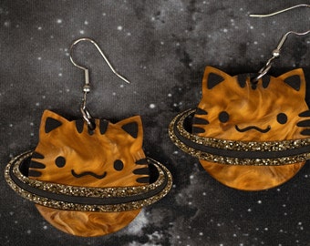 Cat Saturn Earrings, Cat Planet Acrylic Earrings, Cat Space Earrings, Cosmic Kitty Earrings, Acrylic Space Earrings, Outer Space Cat Earring