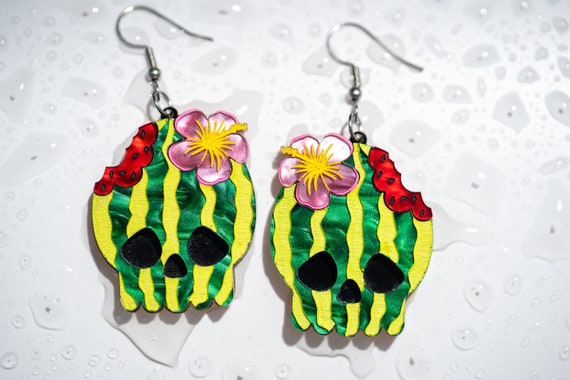 Spooky Summer Earrings, Skull Acrylic Earrings, Watermelon Earrings, Pastel Goth Vibes, Spooky Cute Earrings, Quirky Earrings, Fruit Earring