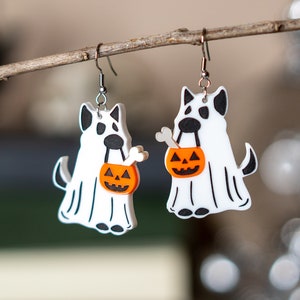 Ghost Dog Acrylic Dangle Earrings, Trick Or Treat Dog Earrings, Halloween Ghost Dog Earrings, Spooky Cute Dog Earrings, Haunted Dog Earrings